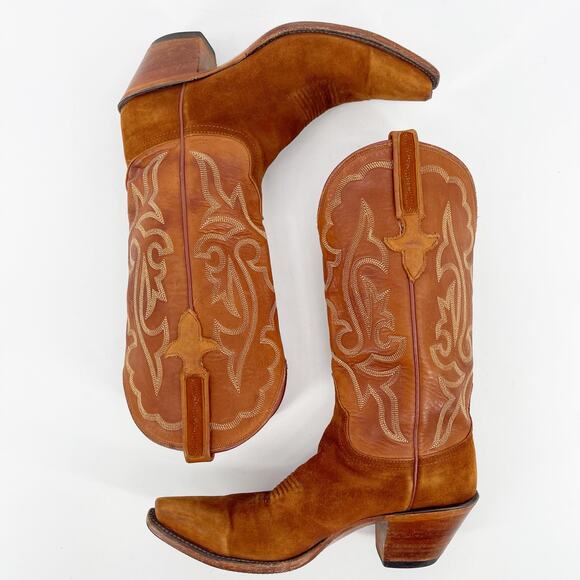 Lucchese Classics Cognac Camel Suede Stitch Detail Western Cowgirl Boot size 7.5 - Picture 4 of 12